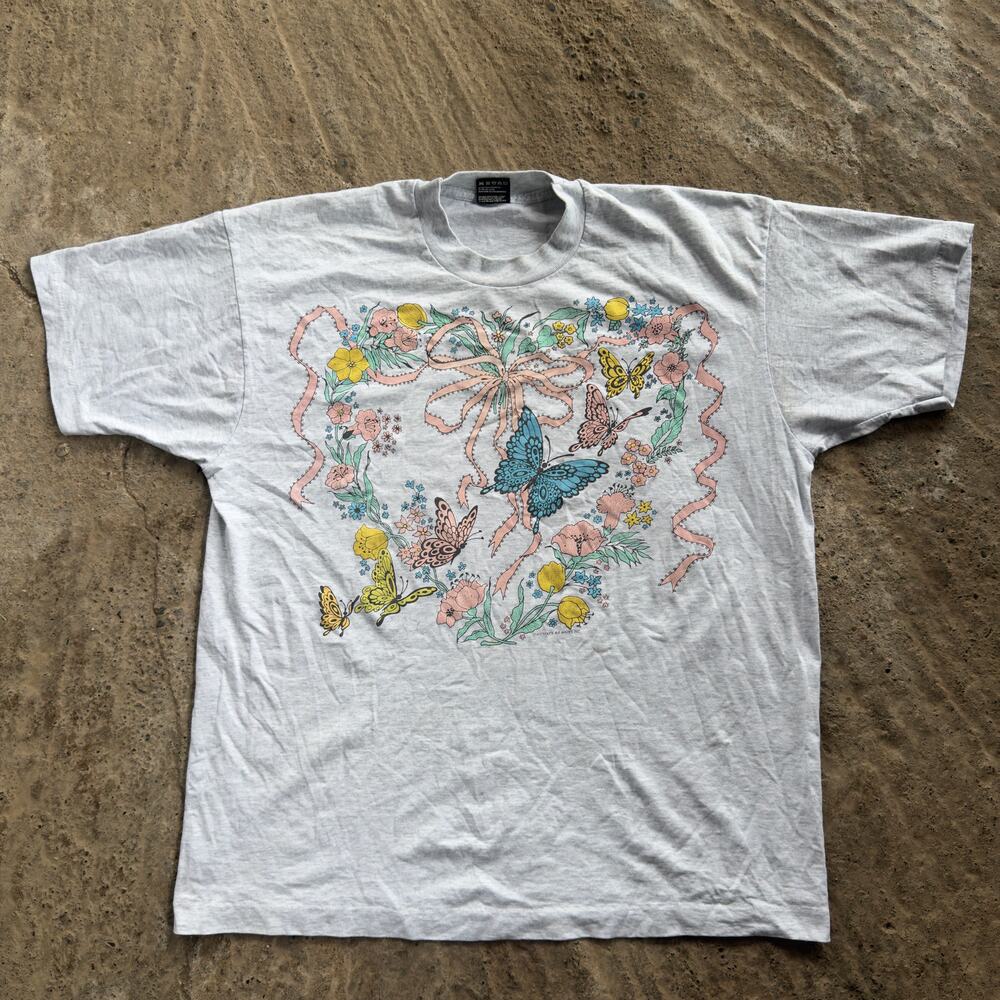 Vintage 90s Heather Gray Butterflies Flowers Shirt Men's XL Graphic Tee